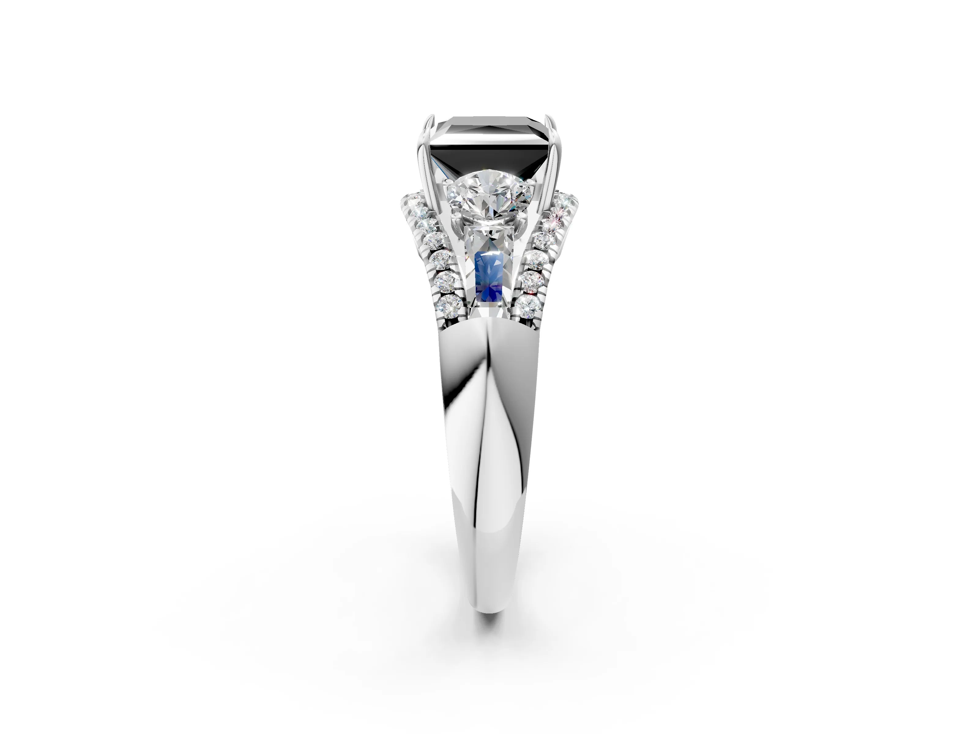 White gold Three-Stone Fancy Black Princess Cut Diamond Engagement Ring with Pave Band and Prong Setting_2