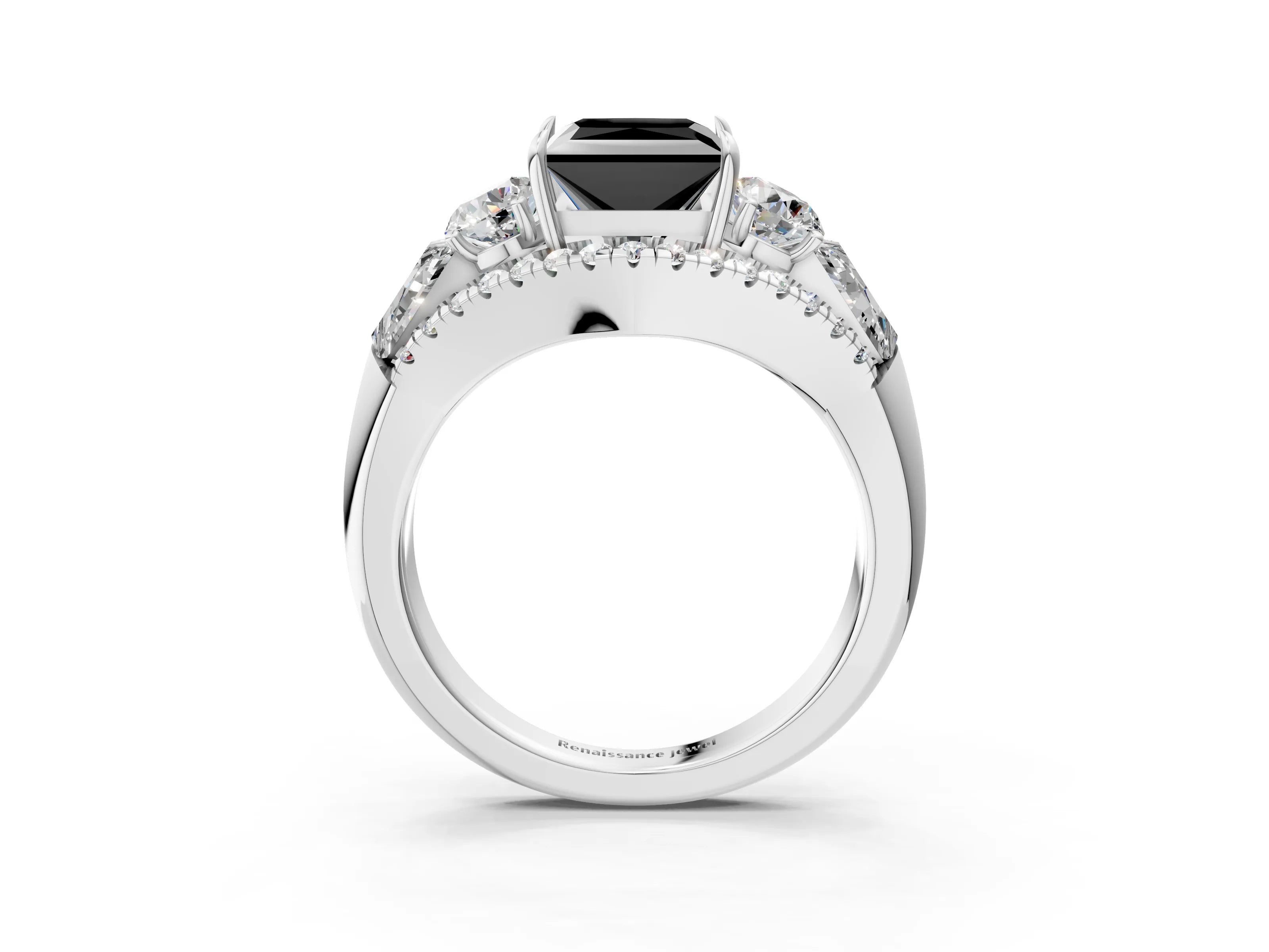 White gold Three-Stone Fancy Black Princess Cut Diamond Engagement Ring with Pave Band and Prong Setting_3