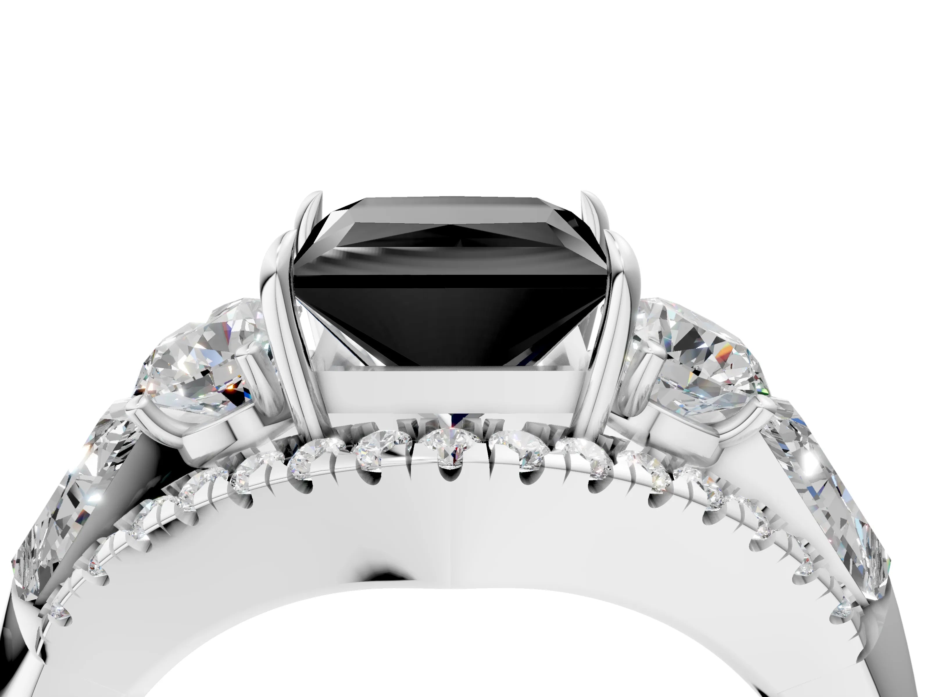 White gold Three-Stone Fancy Black Princess Cut Diamond Engagement Ring with Pave Band and Prong Setting_4