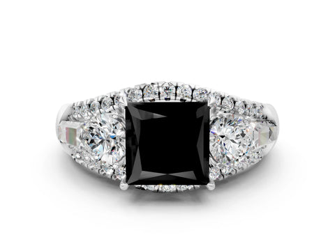 White gold Three-Stone Fancy Black Princess Cut Diamond Engagement Ring with Pave Band and Prong Setting