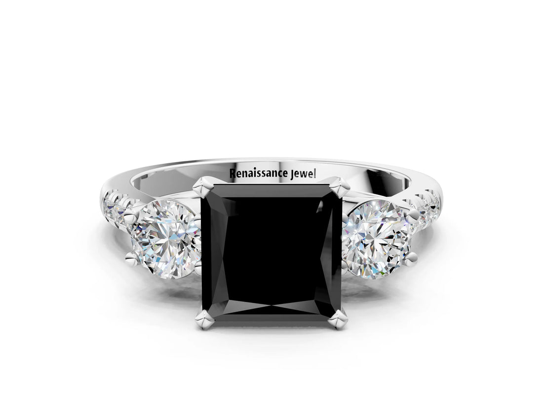 White gold Three-Stone Fancy Black Princess Cut Diamond Pavé Band with Four-Prong Setting