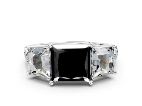 White gold Three-Stone Fancy Black Princess Cut Diamond Pavé Band with Prong Setting