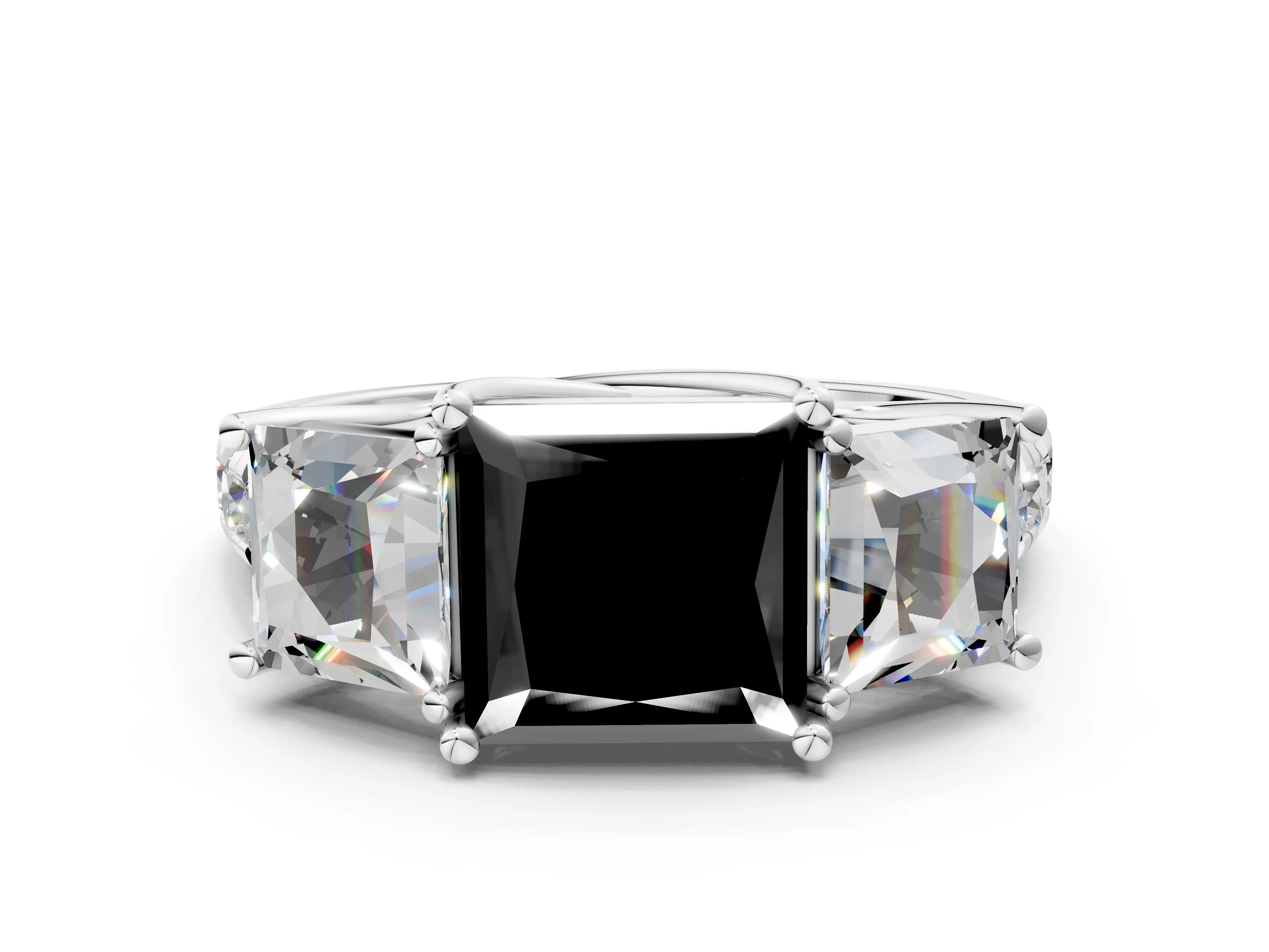 White gold Three-Stone Fancy Black Princess Cut Diamond Pavé Band with Prong Setting