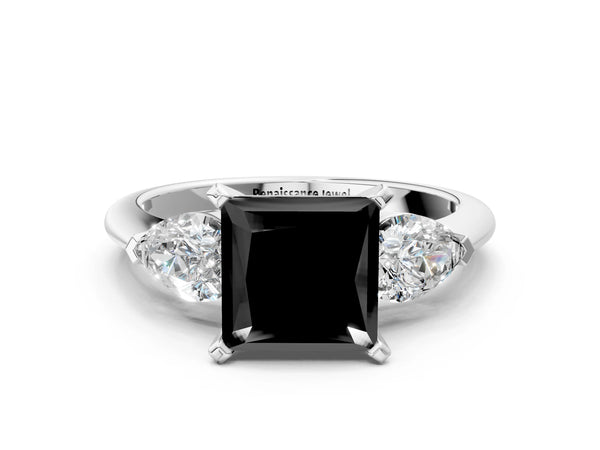 Platinum Princess Cut Three Stone Engagement Ring Setting for Black Center with Pear Side Stones