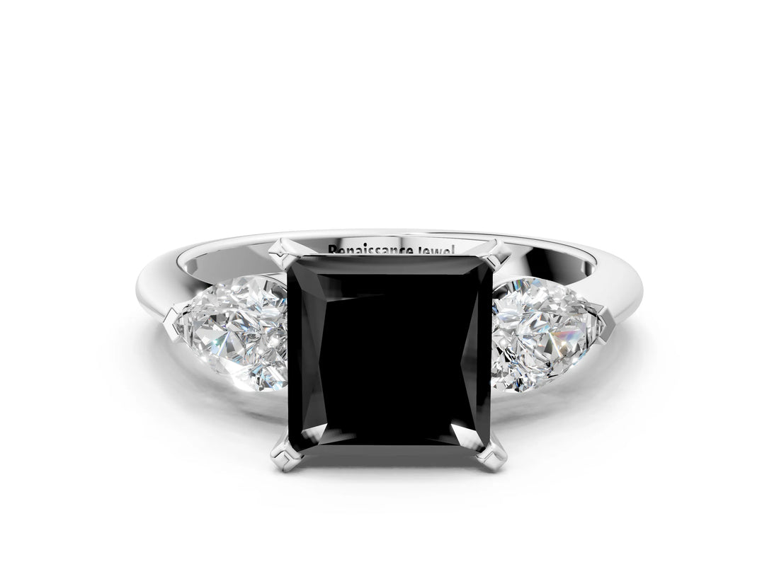 White gold Three-Stone Fancy Black Princess Cut Diamond Ring with Pear Side Stones and Four-Prong Setting