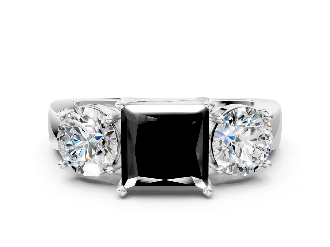 White gold Three-Stone Fancy Black Princess Cut Diamond Ring with Round Side Stones, Classic Band, and Four-Prong Setting