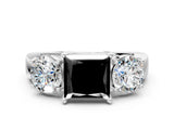White gold Three-Stone Fancy Black Princess Cut Diamond Ring with Round Side Stones, Classic Band, and Four-Prong Setting