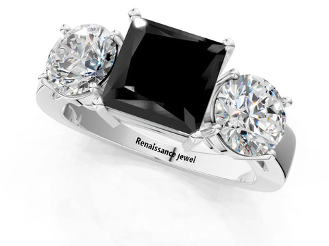 White gold Three-Stone Fancy Black Princess Cut Diamond Ring with Round Side Stones, Classic Band, and Four-Prong Setting_1