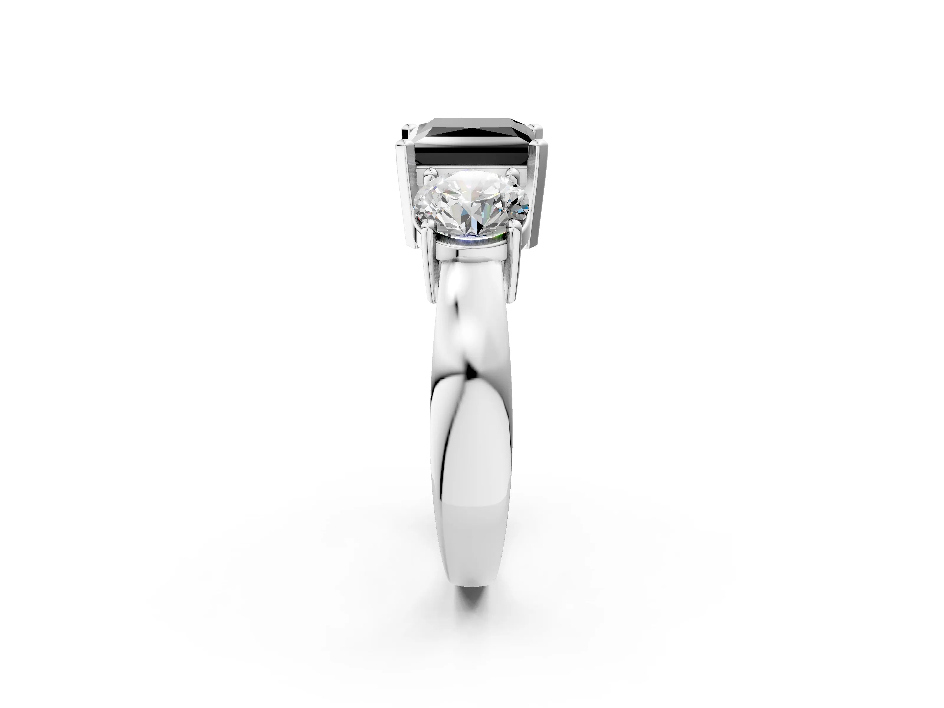 White gold Three-Stone Fancy Black Princess Cut Diamond Ring with Round Side Stones, Classic Band, and Four-Prong Setting_2