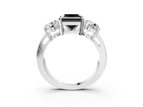 White gold Three-Stone Fancy Black Princess Cut Diamond Ring with Round Side Stones, Classic Band, and Four-Prong Setting_3