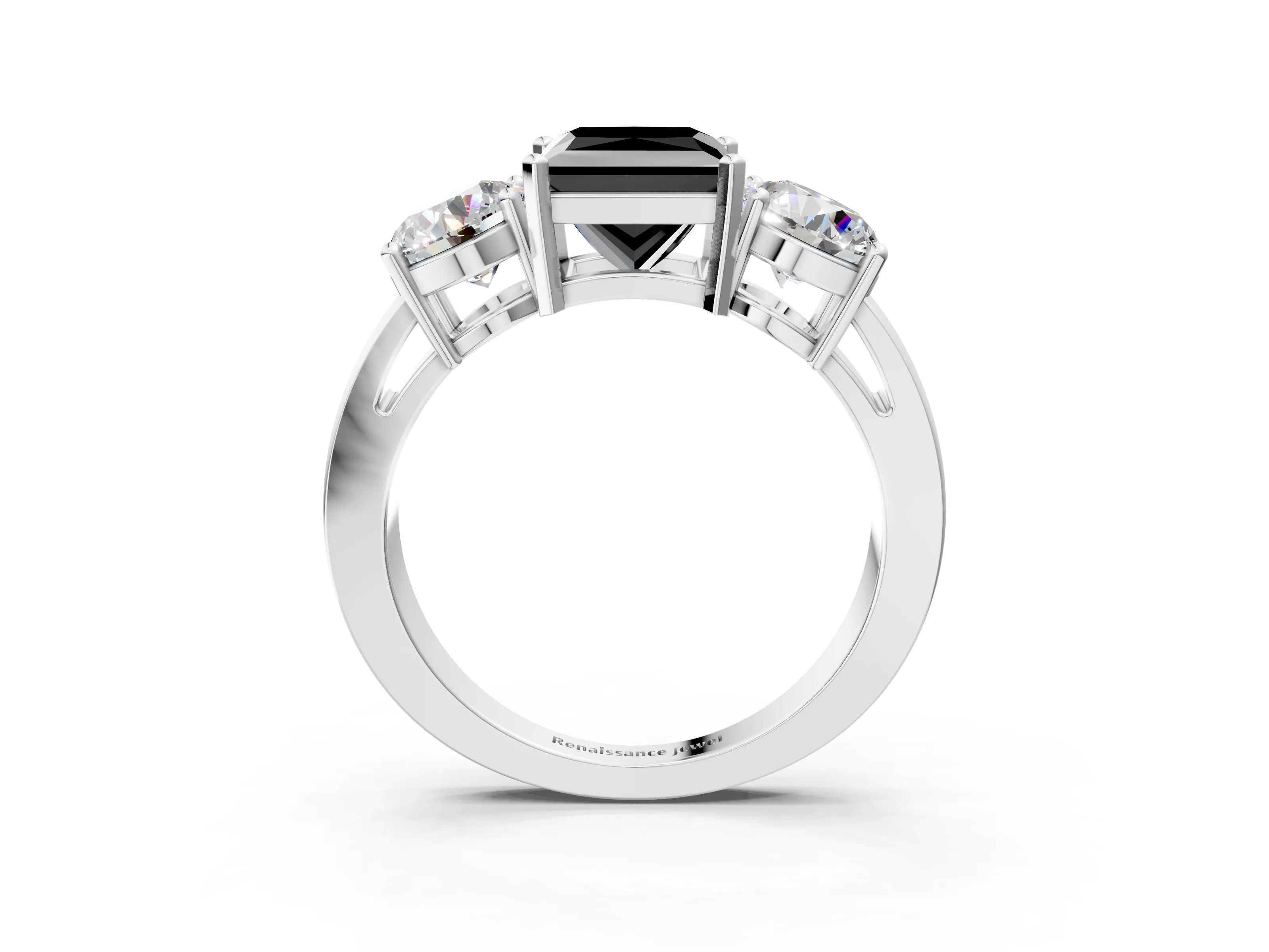White gold Three-Stone Fancy Black Princess Cut Diamond Ring with Round Side Stones, Classic Band, and Four-Prong Setting_3