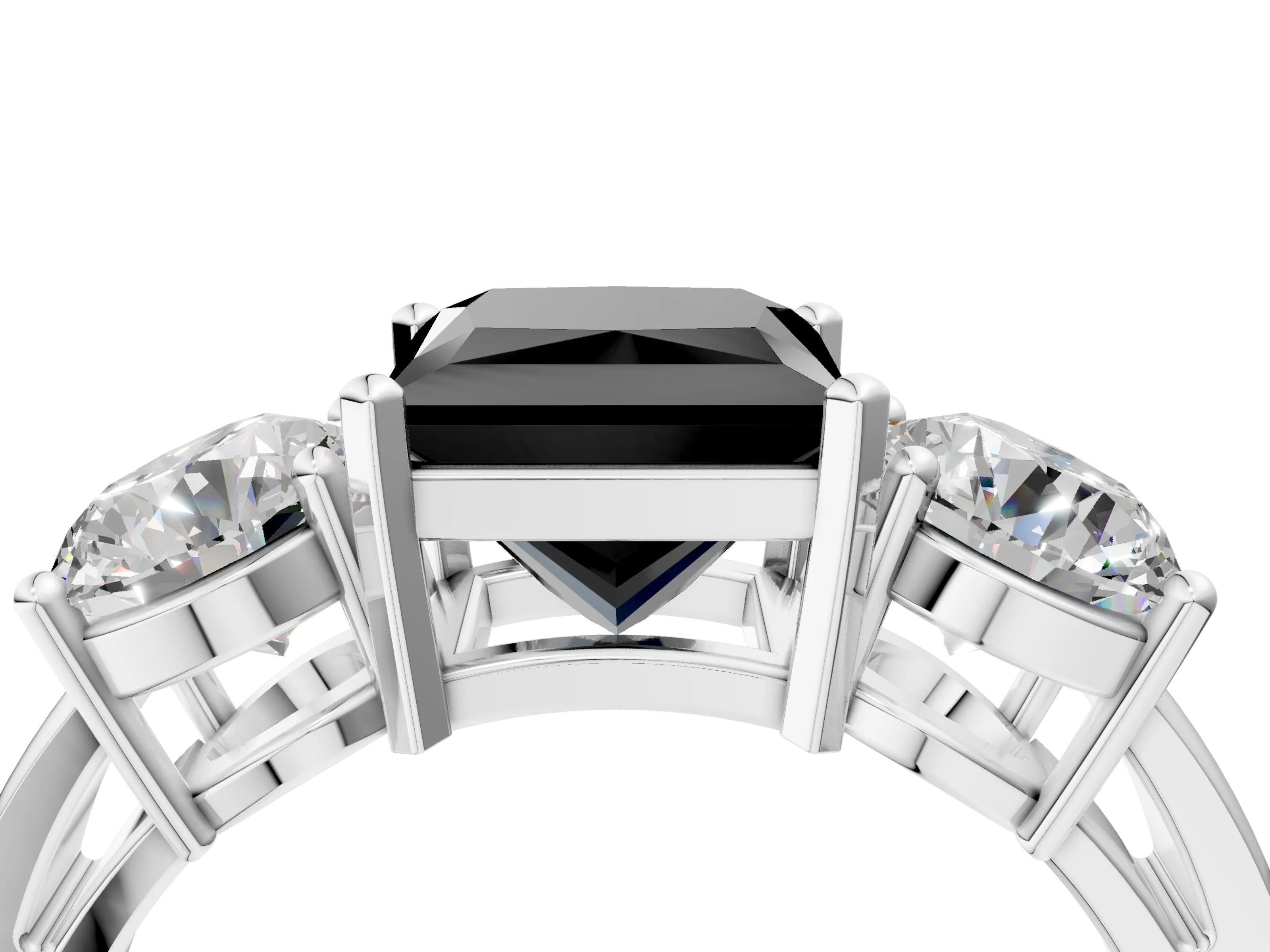 White gold Three-Stone Fancy Black Princess Cut Diamond Ring with Round Side Stones, Classic Band, and Four-Prong Setting_4