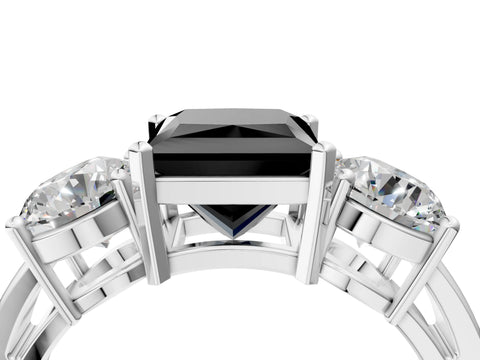 White gold Three-Stone Fancy Black Princess Cut Diamond Ring with Round Side Stones, Classic Band, and Four-Prong Setting_4