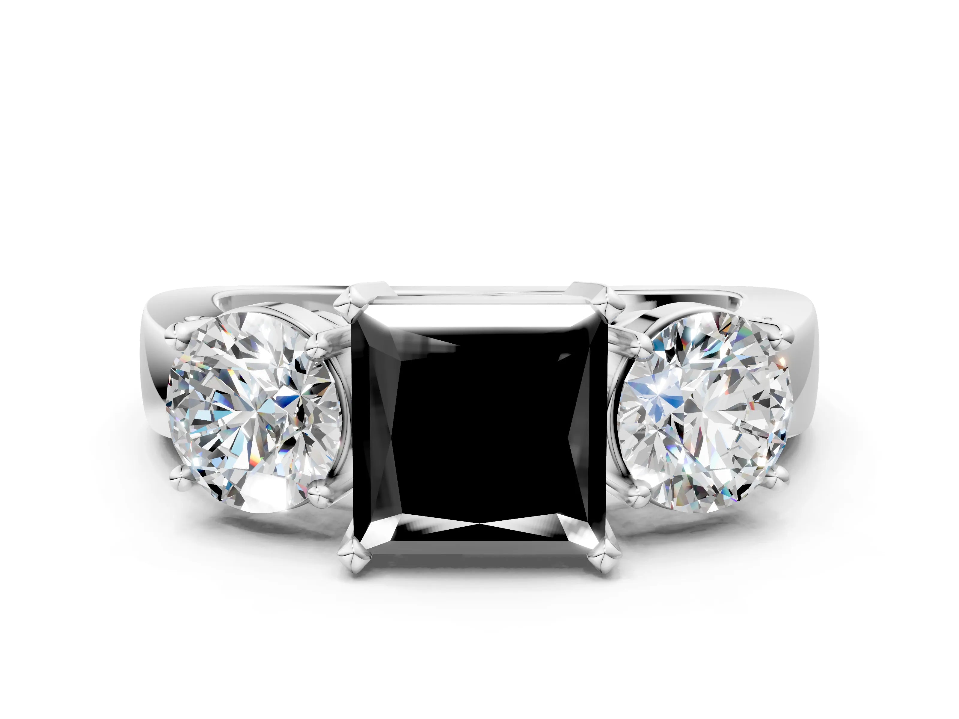 White gold Three-Stone Fancy Black Princess Cut Diamond Ring with Round Side Stones, Classic Band, and Four-Prong Setting