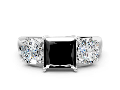 White gold Three-Stone Fancy Black Princess Cut Diamond Ring with Round Side Stones, Classic Band, and Four-Prong Setting