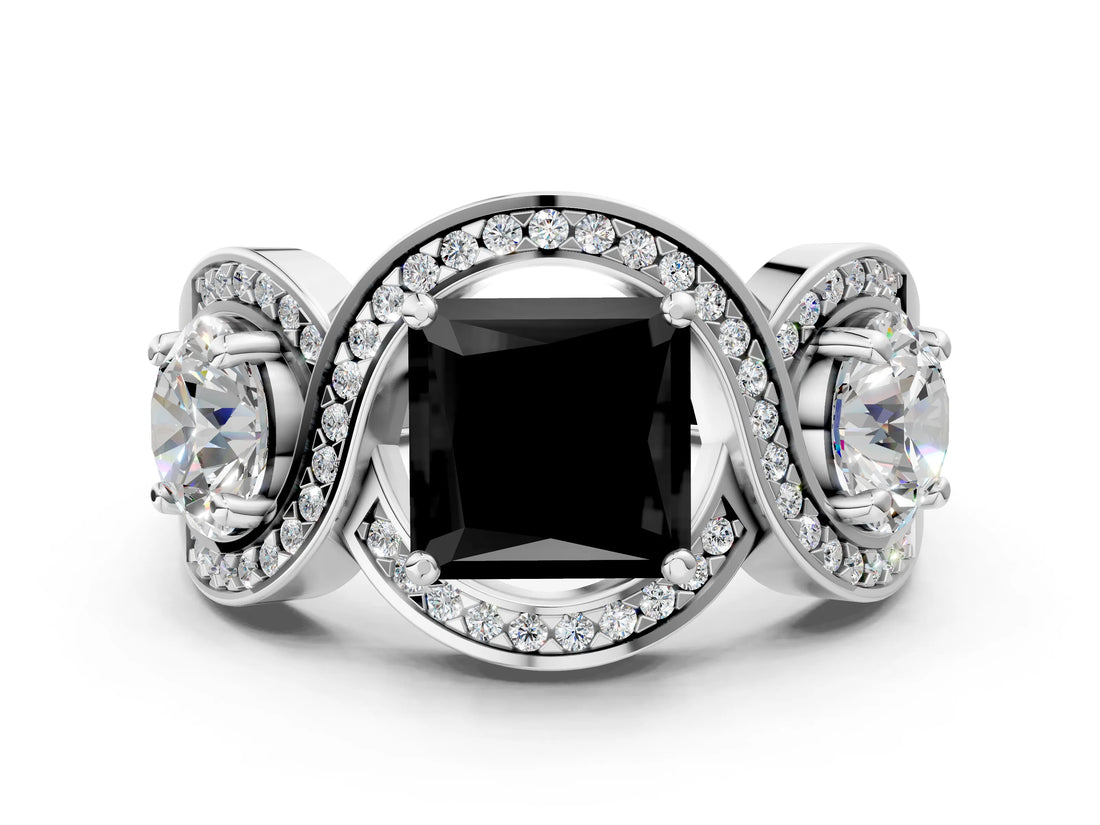 White gold Three-Stone Fancy Black Princess Cut Diamond Wave Pave Band with Prong Setting_6