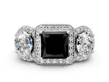 White gold Three-Stone Fancy Black Princess Cut Halo Diamond Milgrain Band with Four-Prong Setting