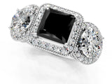 White gold Three-Stone Fancy Black Princess Cut Halo Diamond Milgrain Band with Four-Prong Setting_1