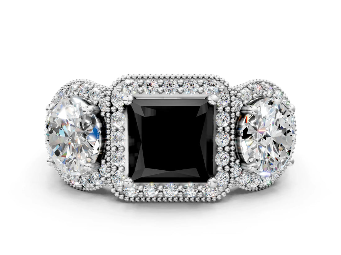 White gold Three-Stone Fancy Black Princess Cut Halo Diamond Milgrain Band with Four-Prong Setting
