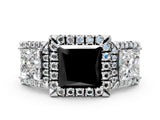 White gold Three-Stone Fancy Black Princess Cut Halo Diamond Ring with Pave Band and Four-Prong Setting