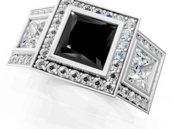 Platinum Princess Cut Bezel Three Stone Halo Engagement Ring Setting for Black Center