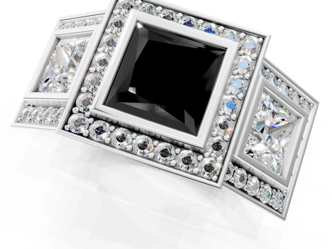 White gold Three-Stone Fancy Black Princess Cut Halo Pavé Diamond Ring_1