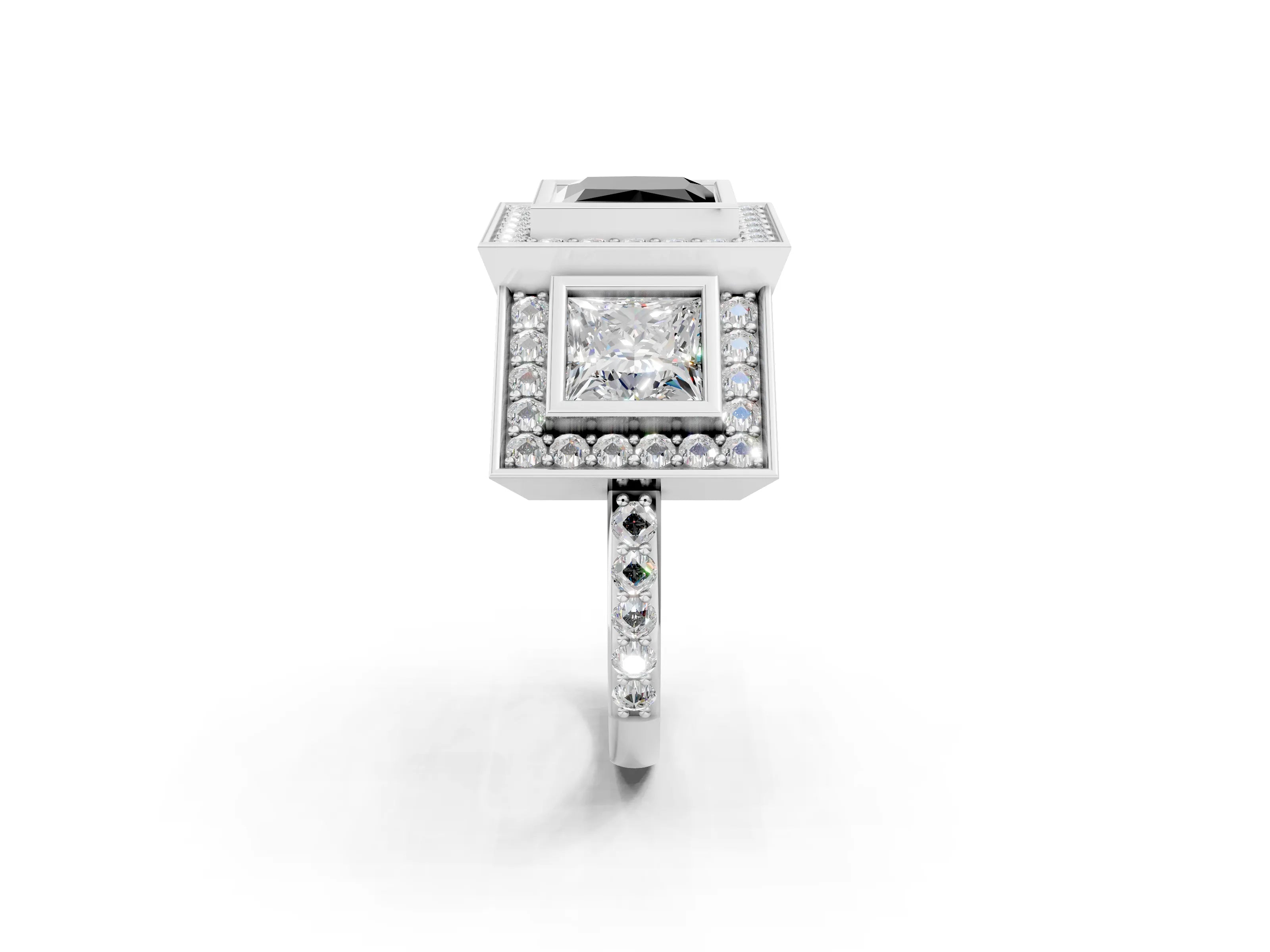 White gold Three-Stone Fancy Black Princess Cut Halo Pavé Diamond Ring_2