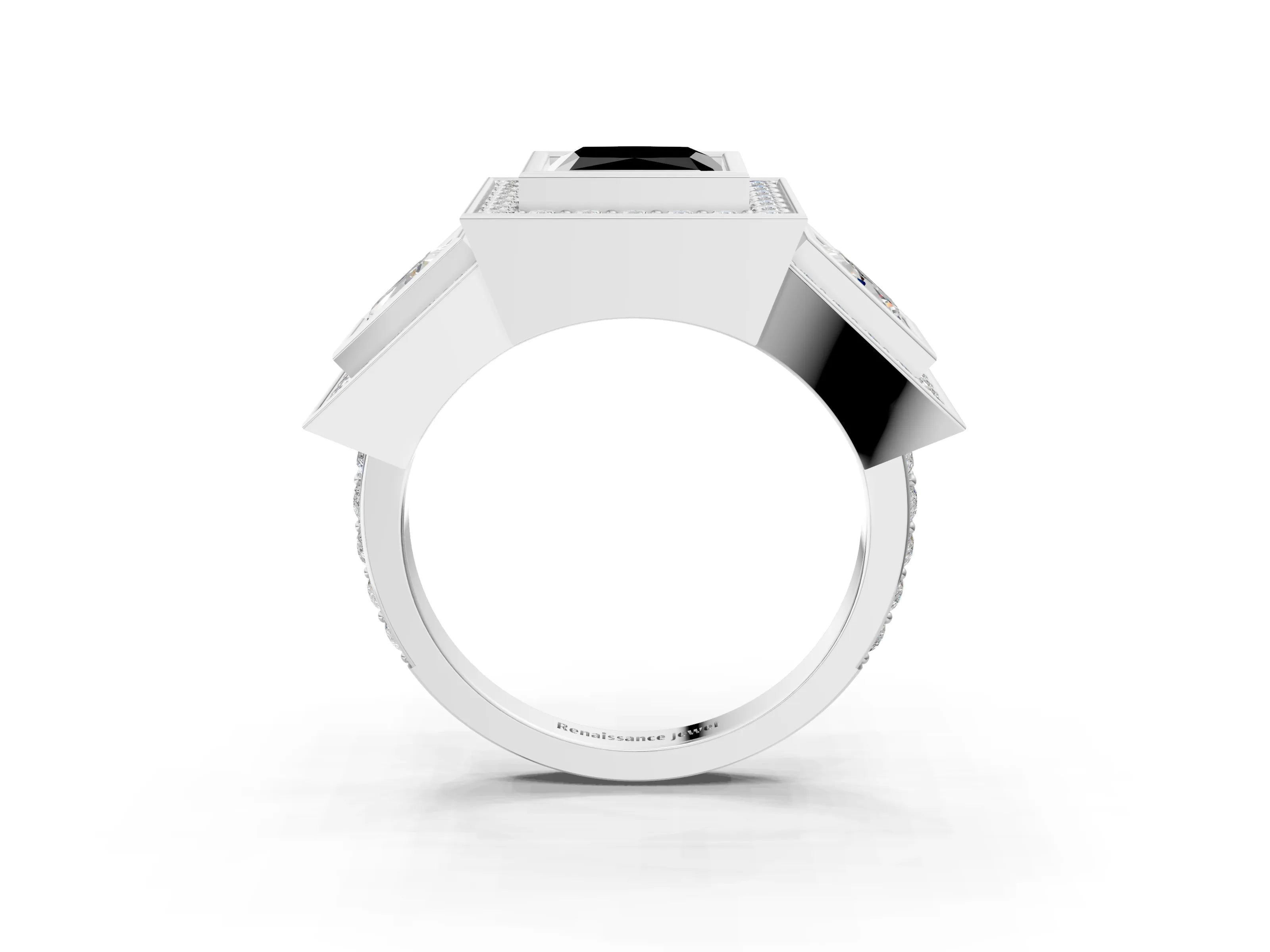 White gold Three-Stone Fancy Black Princess Cut Halo Pavé Diamond Ring_3