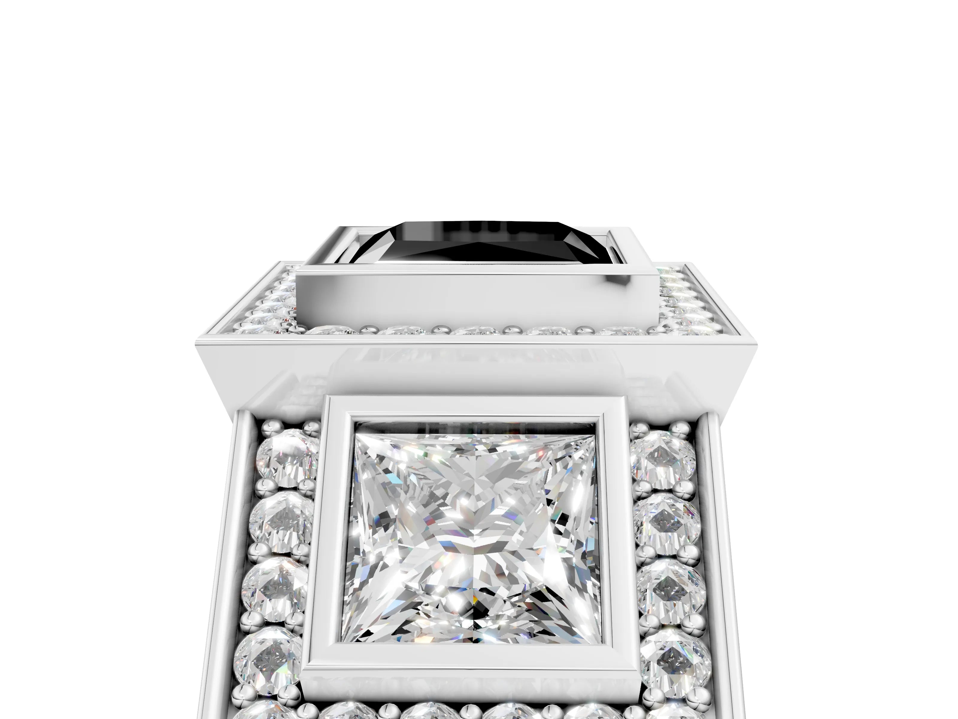 White gold Three-Stone Fancy Black Princess Cut Halo Pavé Diamond Ring_5