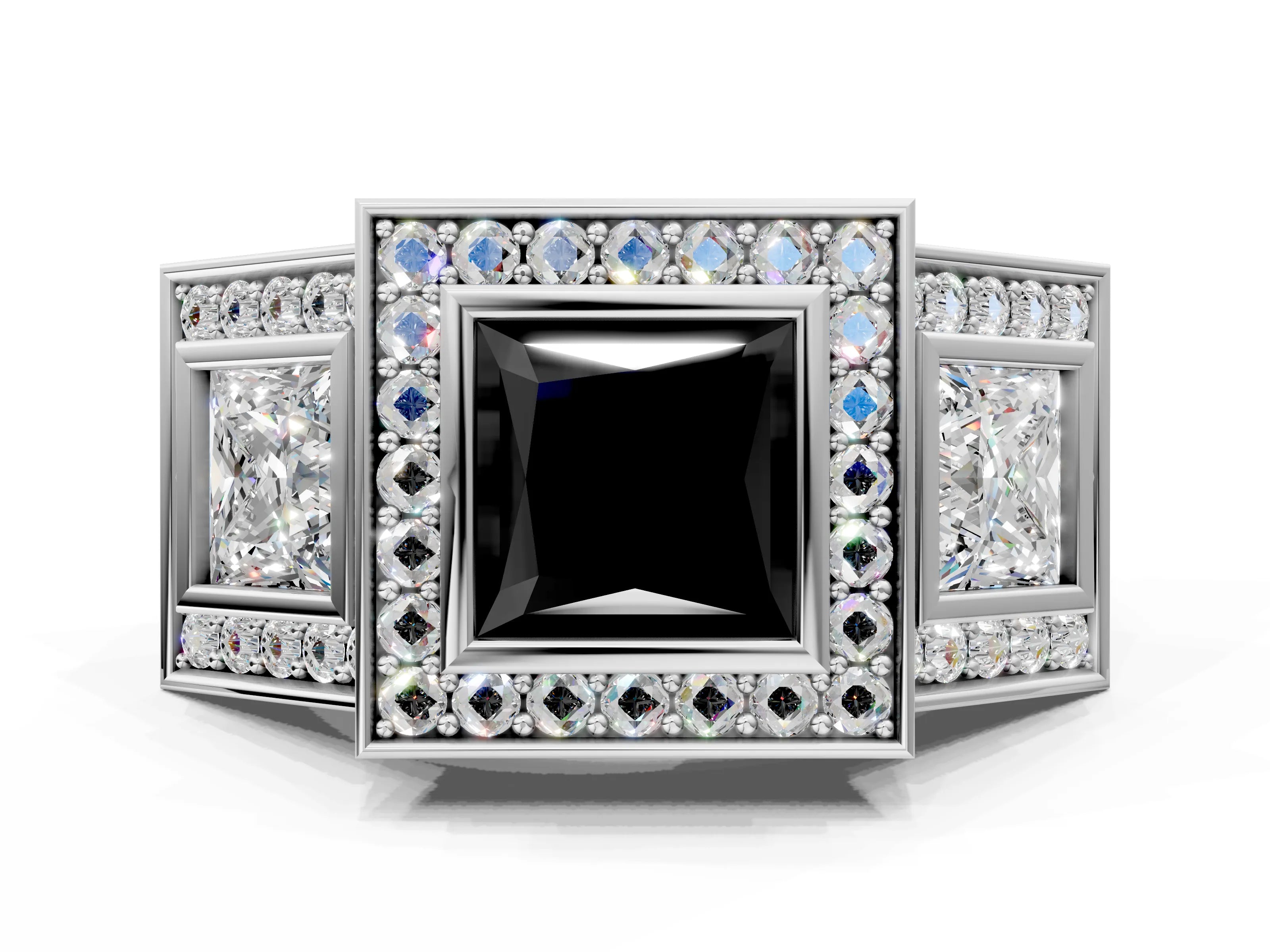 White gold Three-Stone Fancy Black Princess Cut Halo Pavé Diamond Ring