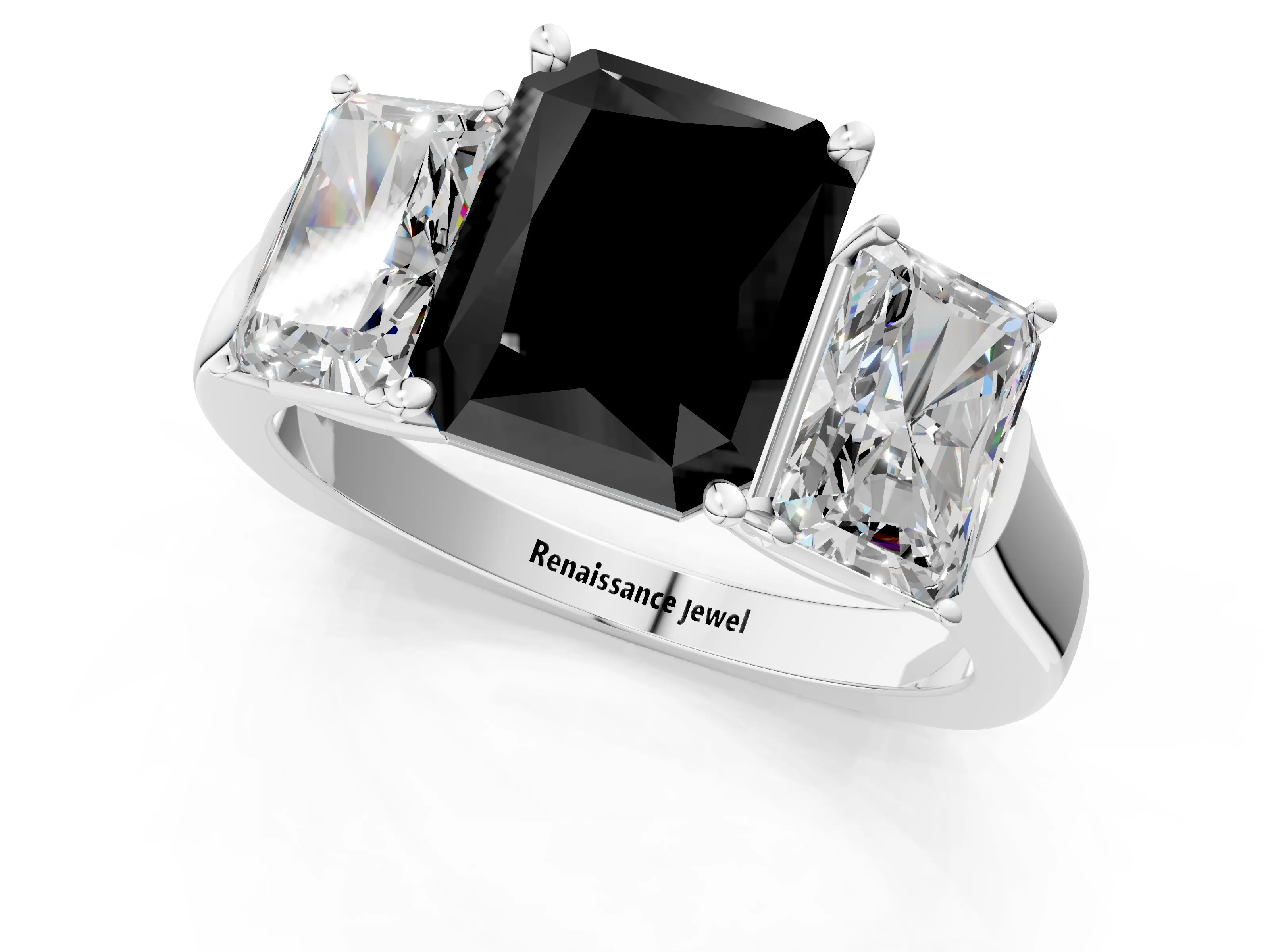 White gold Three-Stone Fancy Black Radiant Cut Brilliant Diamond Trellis Ring with Comfort Fit Band_13