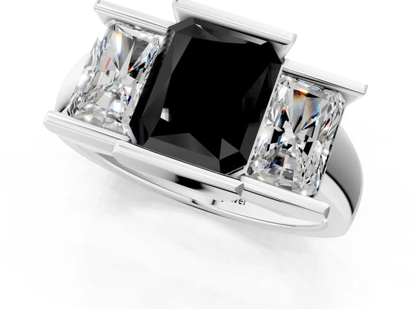 Sterling Silver Radiant Cut Channel Set Three Stone Engagement Ring Setting for Black Center