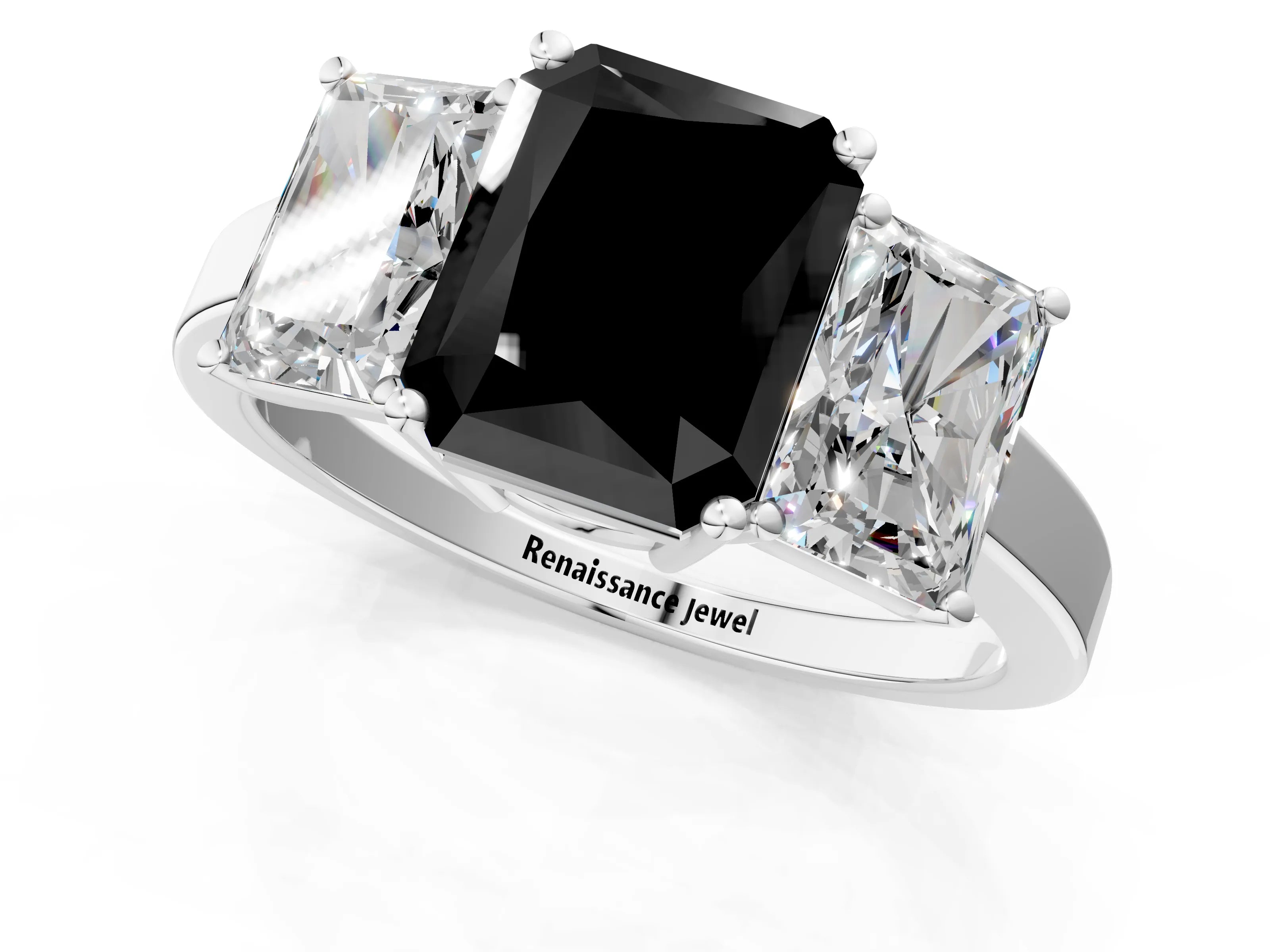 White gold Three-Stone Fancy Black Radiant Cut Cut Diamond Engagement Ring with Flat Band and Four-Prong Setting_1