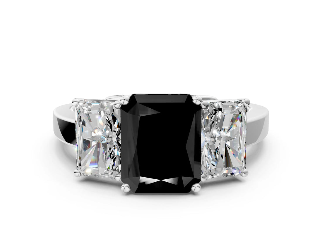 White gold Three-Stone Fancy Black Radiant Cut Cut Diamond Engagement Ring with Flat Band and Four-Prong Setting_12