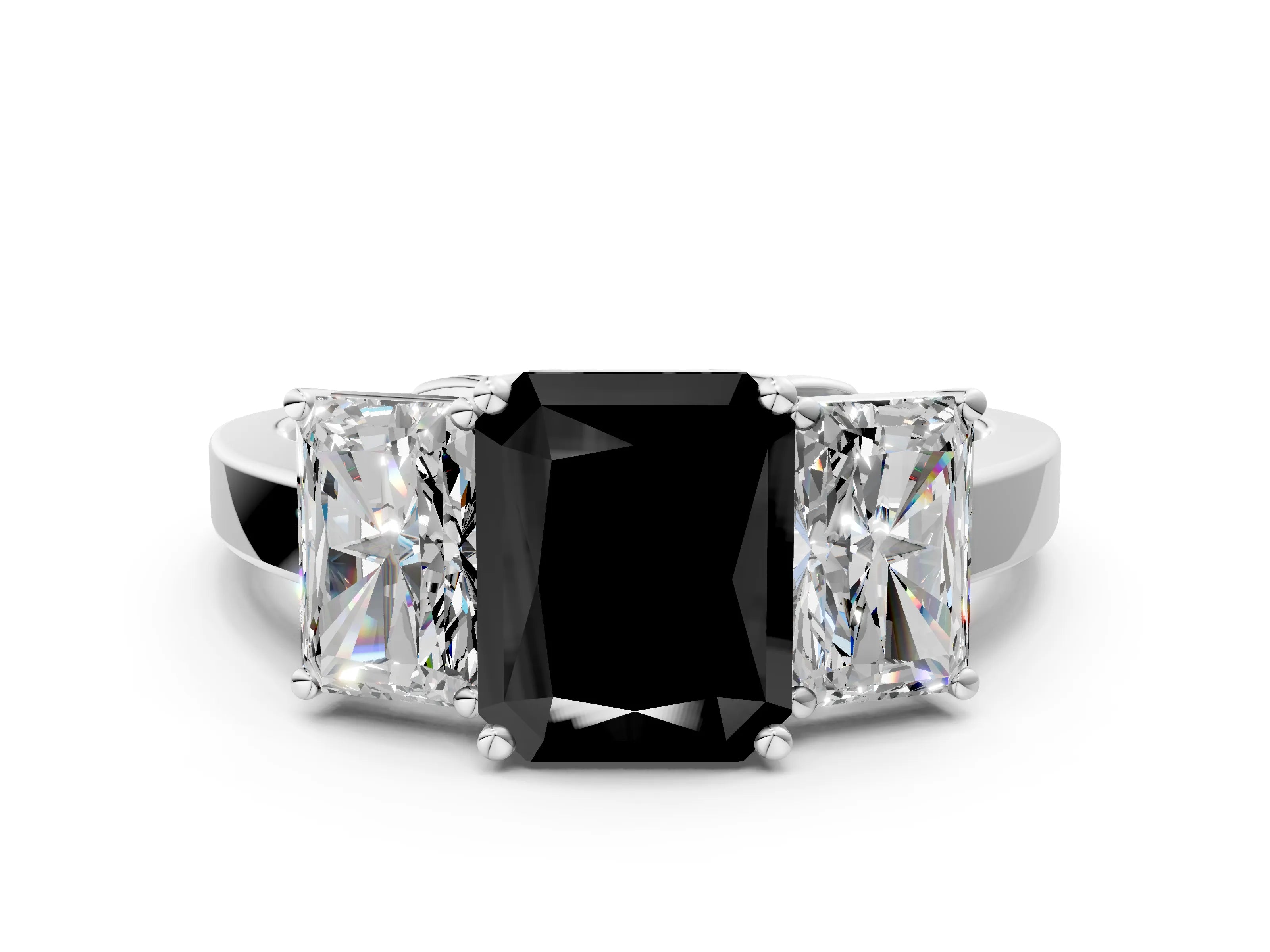 White gold Three-Stone Fancy Black Radiant Cut Cut Diamond Engagement Ring with Flat Band and Four-Prong Setting_12