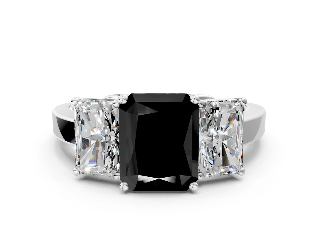 White gold Three-Stone Fancy Black Radiant Cut Cut Diamond Engagement Ring with Flat Band and Four-Prong Setting_12