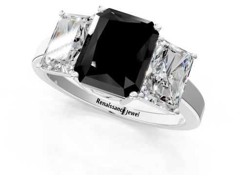 White gold Three-Stone Fancy Black Radiant Cut Cut Diamond Engagement Ring with Flat Band and Four-Prong Setting_1