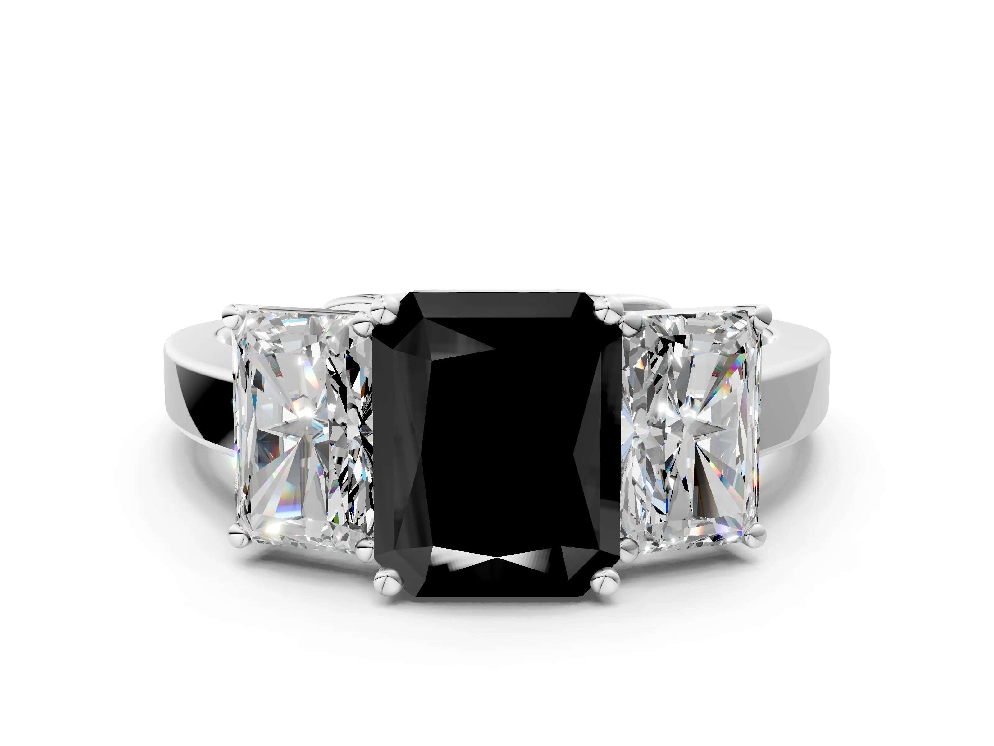 White gold Three-Stone Fancy Black Radiant Cut Cut Diamond Engagement Ring with Flat Band and Four-Prong Setting