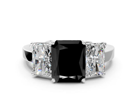 White gold Three-Stone Fancy Black Radiant Cut Cut Diamond Engagement Ring with Flat Band and Four-Prong Setting