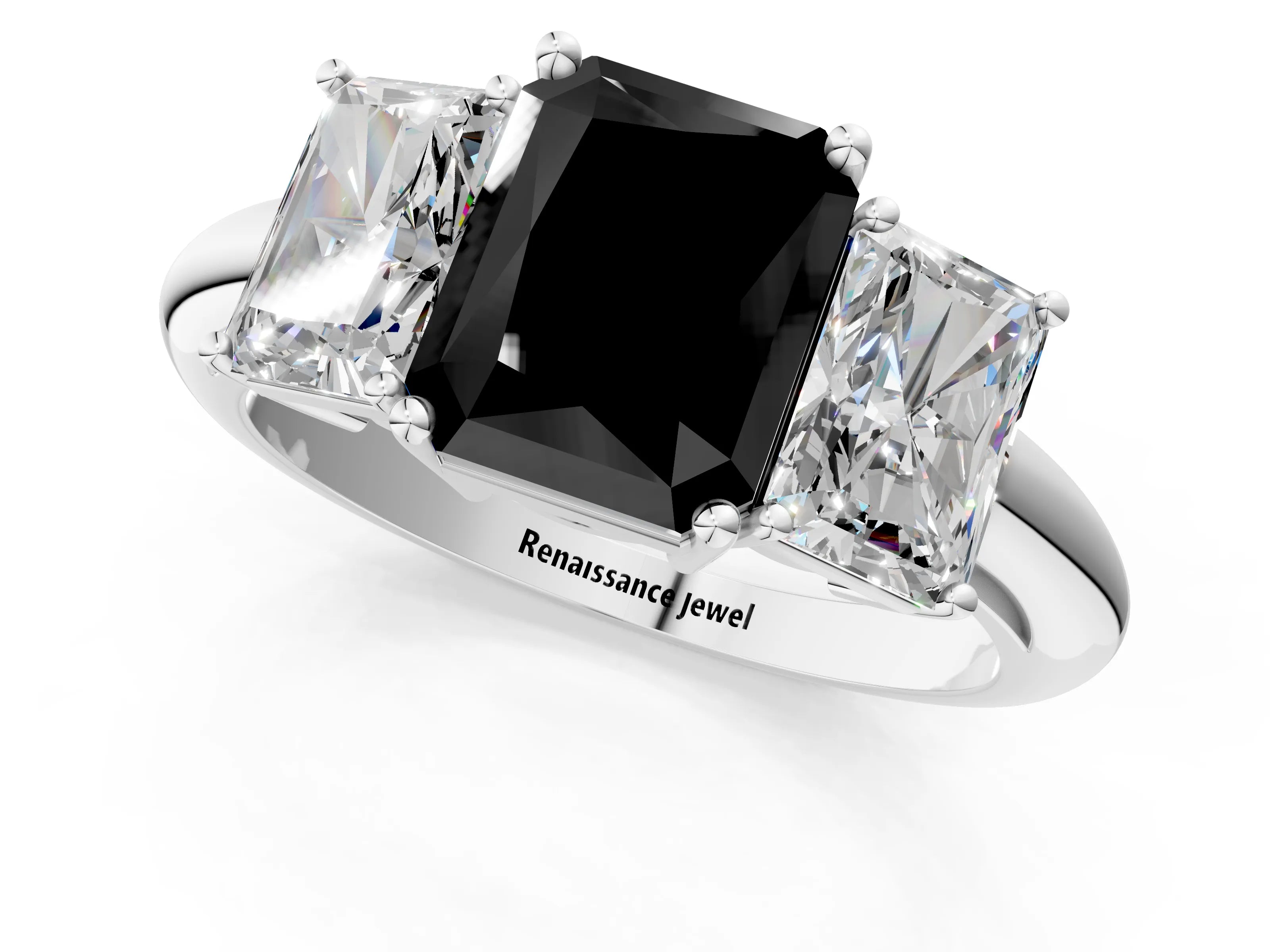 White gold Three-Stone Fancy Black Radiant Cut Cut Diamond Engagement Ring with Prong Setting on a White Gold Band_13