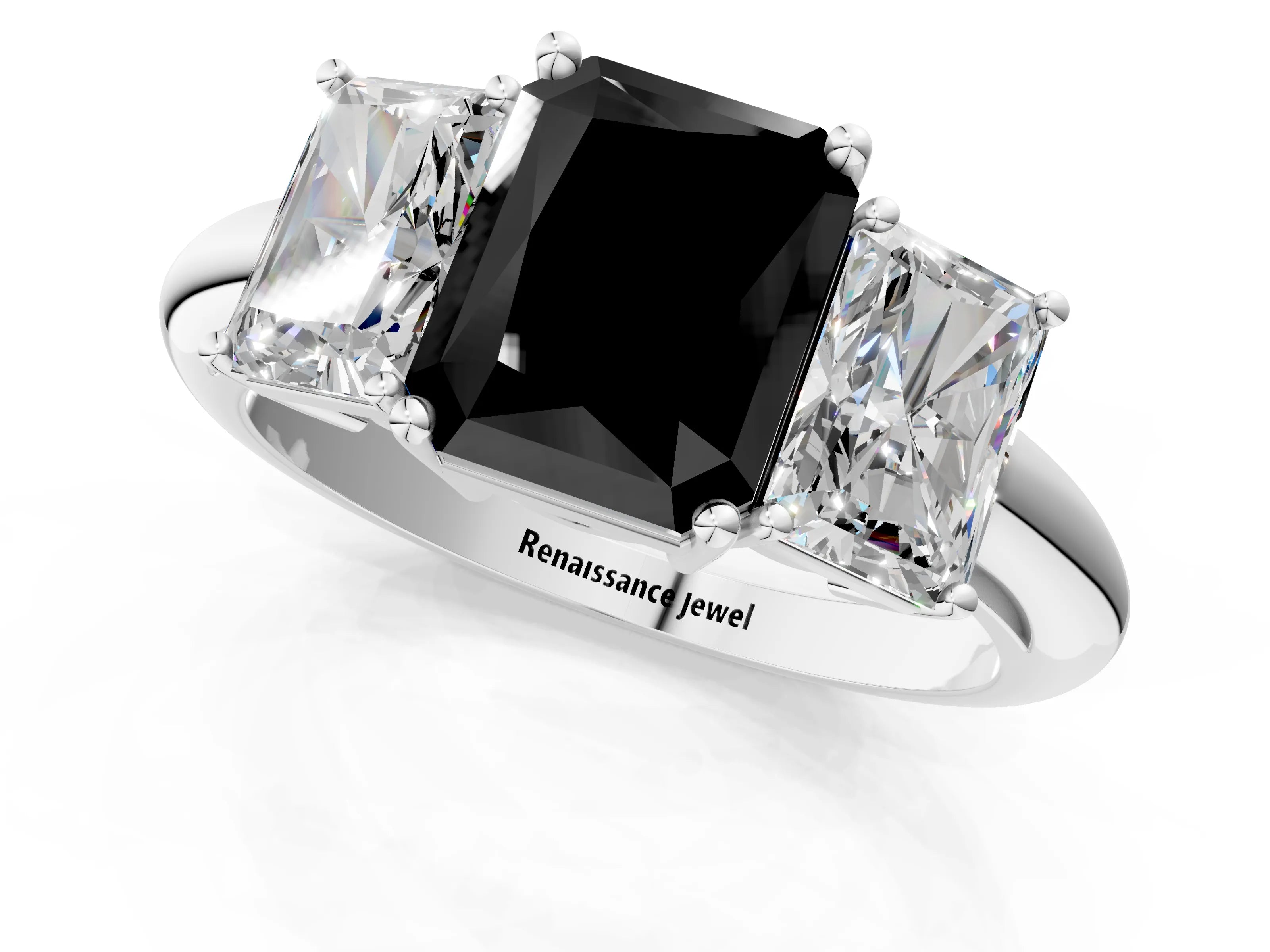 White gold Three-Stone Fancy Black Radiant Cut Cut Diamond Engagement Ring with Prong Setting on a White Gold Band_14