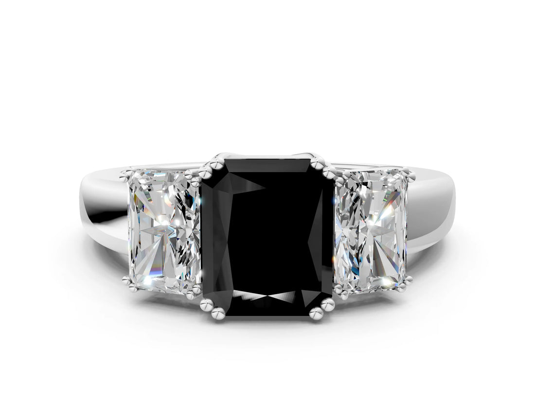 White gold Three-Stone Fancy Black Radiant Cut Cut Diamond Ring with Channel Set Band and Four-Prong Setting_108