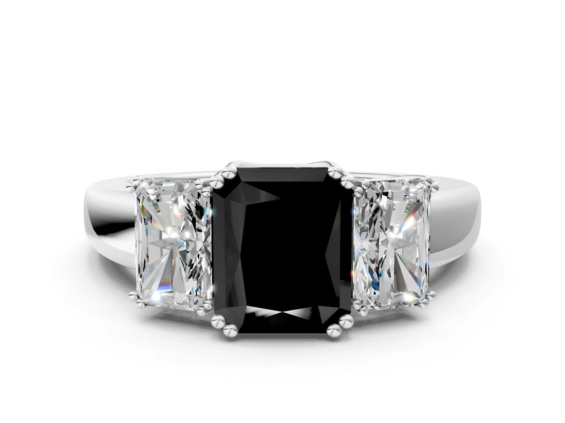 White gold Three-Stone Fancy Black Radiant Cut Cut Diamond Ring with Channel Set Band and Four-Prong Setting_12