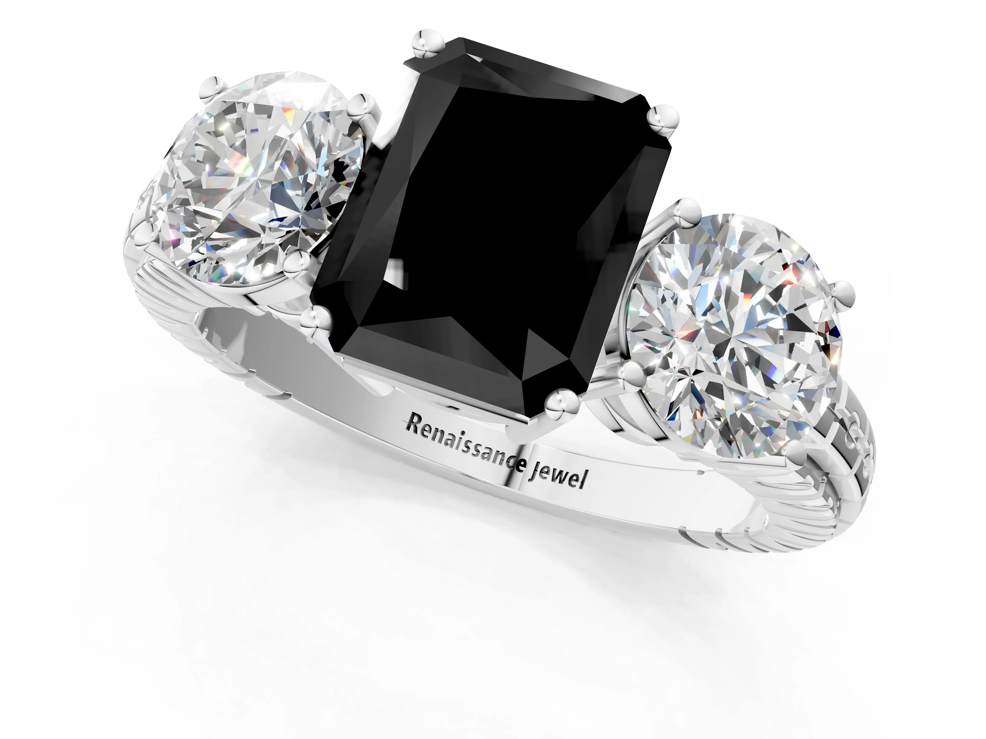 White gold Three-Stone Fancy Black Radiant Cut Cut Diamond Ring with Channel-Set Band and Prong Setting_1