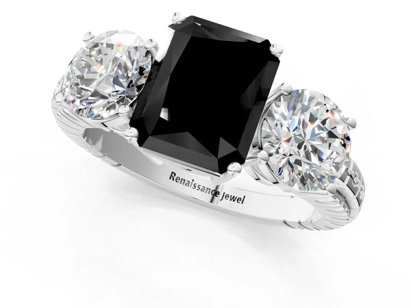 White Gold Radiant Cut Three-Stone Engagement Ring Setting for Black Center with Engraved Band