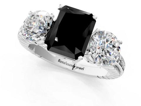 White gold Three-Stone Fancy Black Radiant Cut Cut Diamond Ring with Channel-Set Band and Prong Setting_1