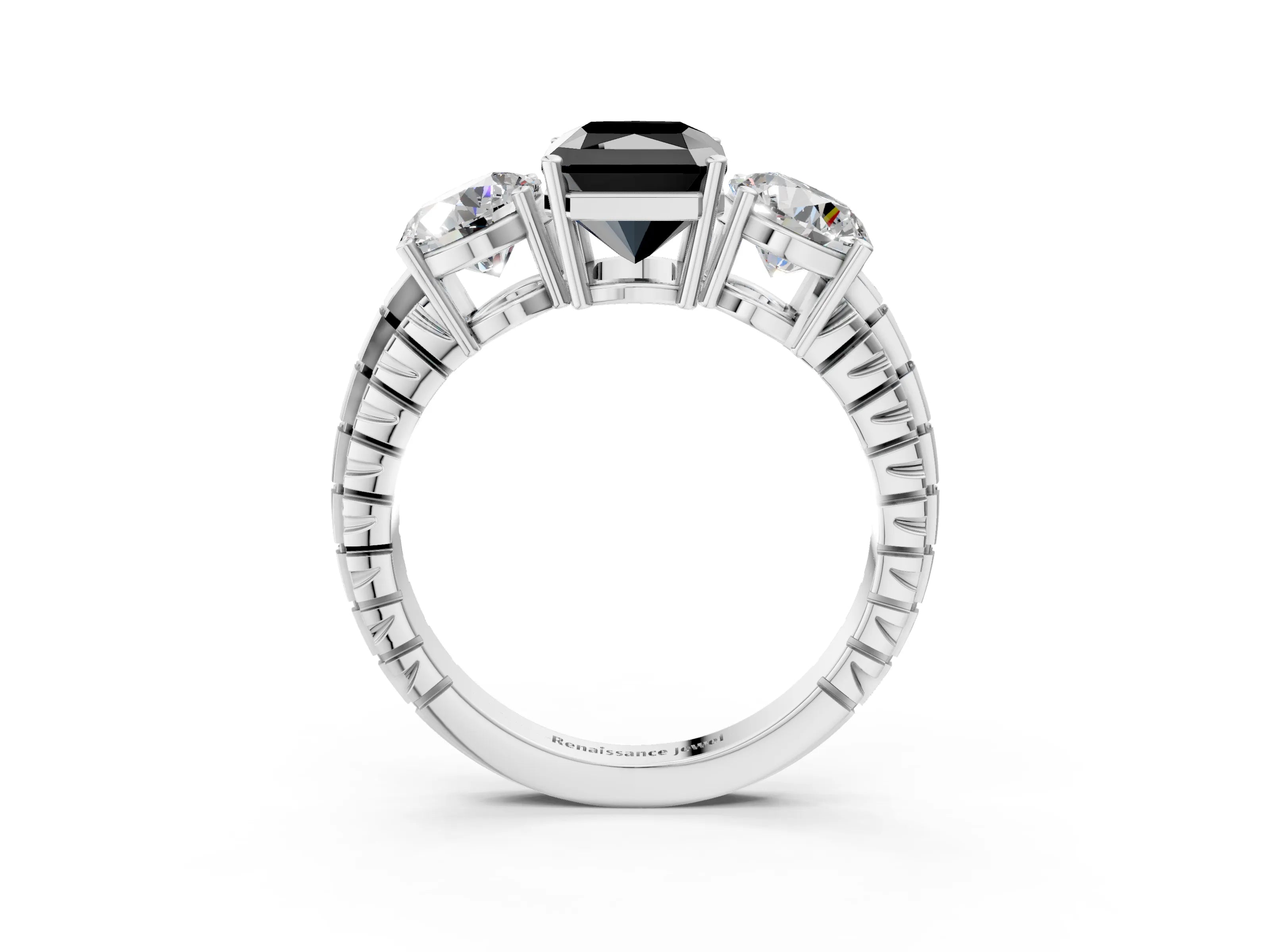 White gold Three-Stone Fancy Black Radiant Cut Cut Diamond Ring with Channel-Set Band and Prong Setting_3