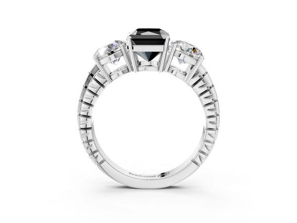 White Gold Radiant Cut Three-Stone Engagement Ring Setting for Black Center with Engraved Band