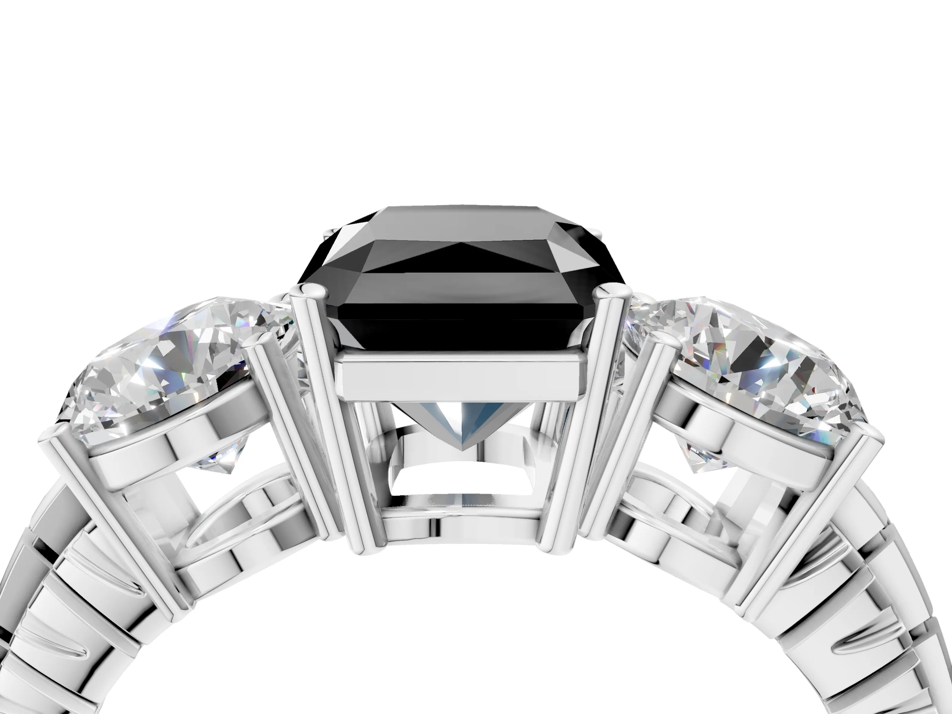 White gold Three-Stone Fancy Black Radiant Cut Cut Diamond Ring with Channel-Set Band and Prong Setting_4