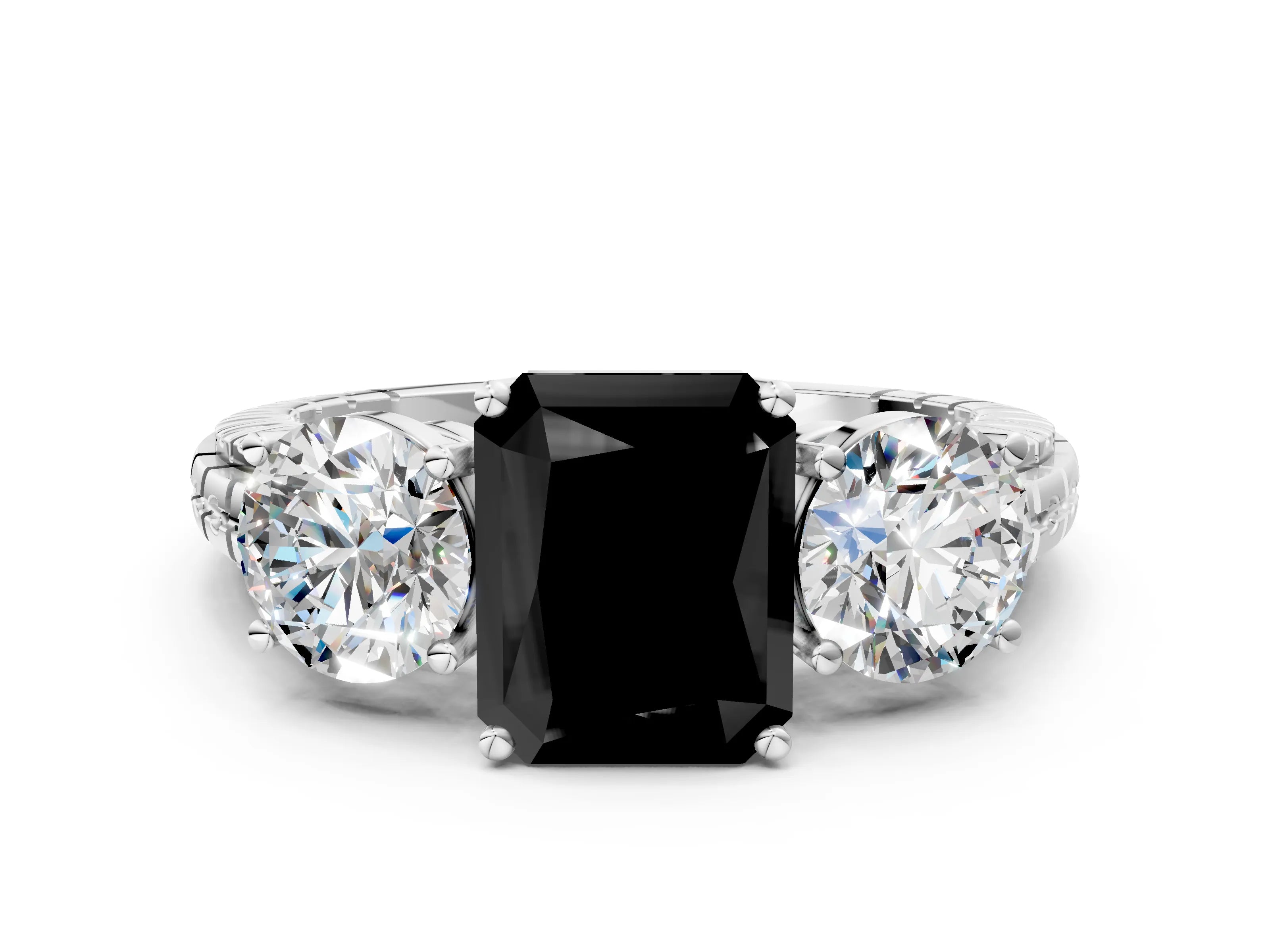 White gold Three-Stone Fancy Black Radiant Cut Cut Diamond Ring with Channel-Set Band and Prong Setting